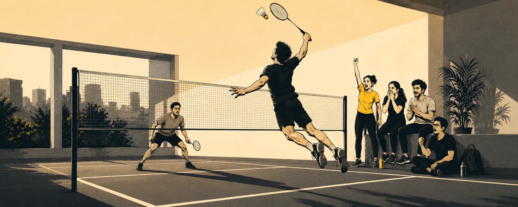 A badminton court with a shuttlecock in play.
