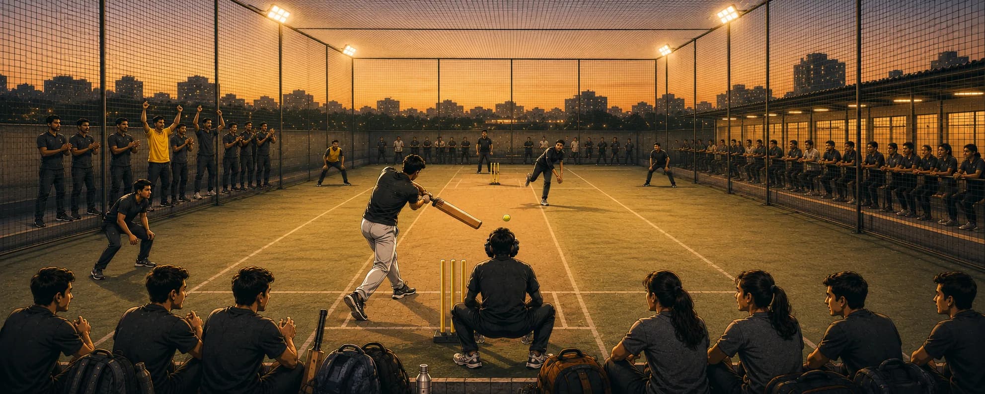 A box cricket pitch with a ball in play.