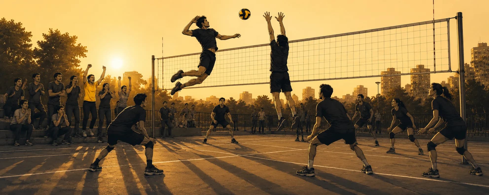 A volleyball court with a ball in play.