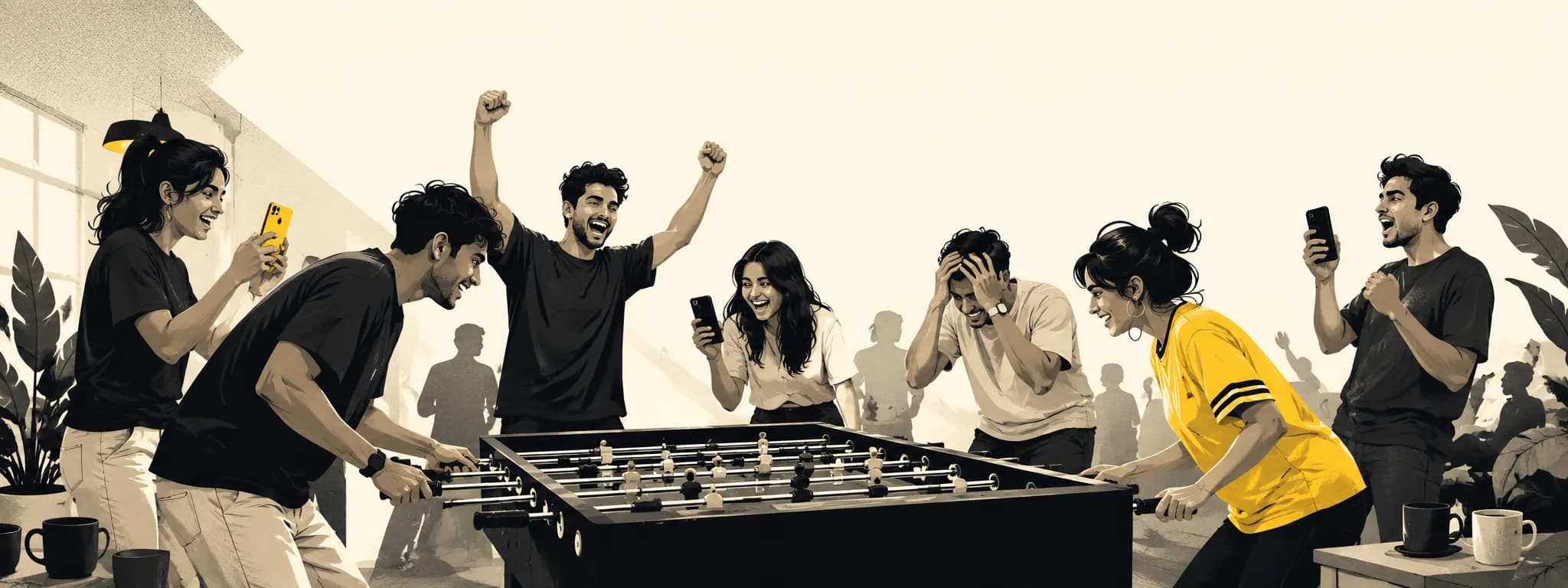 Illustration: a crew crowded around a foosball table mid-game, phones out, one goal celebration and one groan.